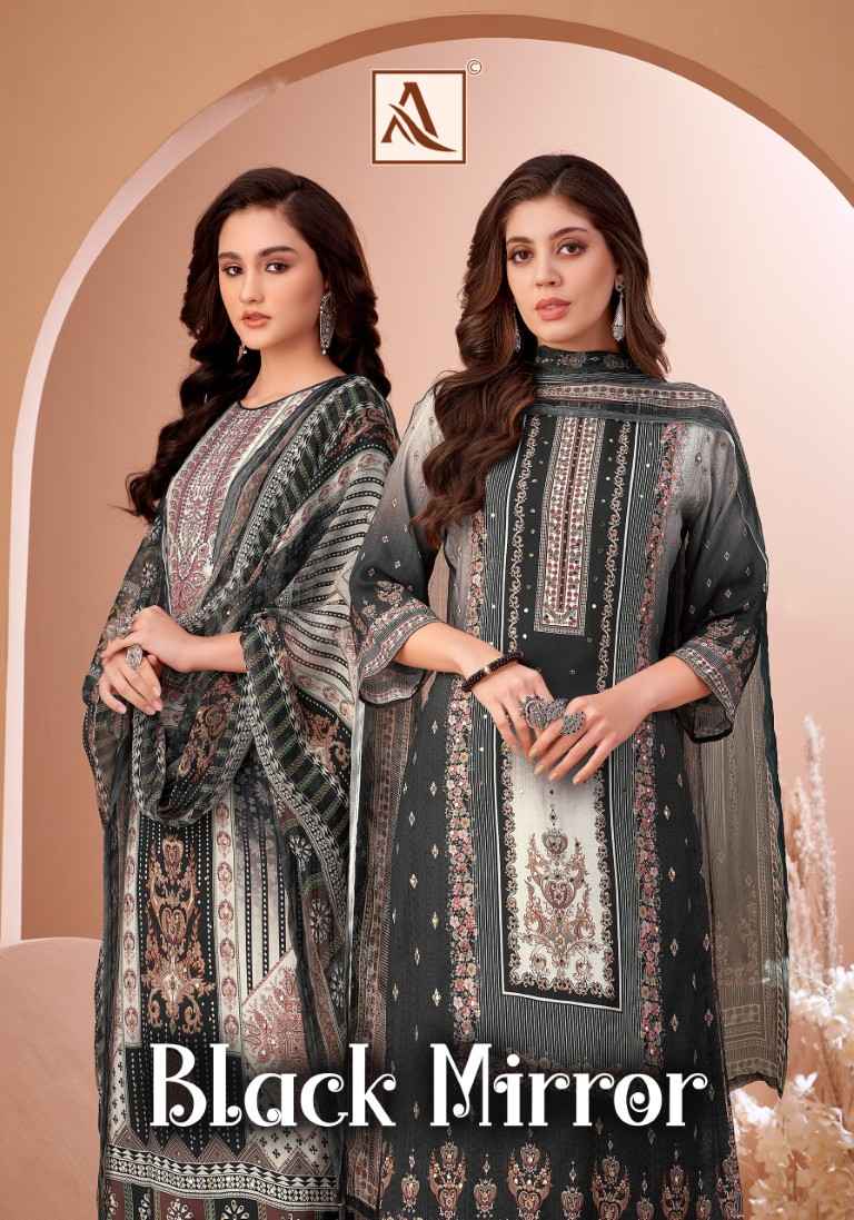 ALOK BLACK MIRROR PURE VISCOSE MASLIN PAKISTANI PRINTED DRESS MATERIAL AT WHOLESALE PRICE