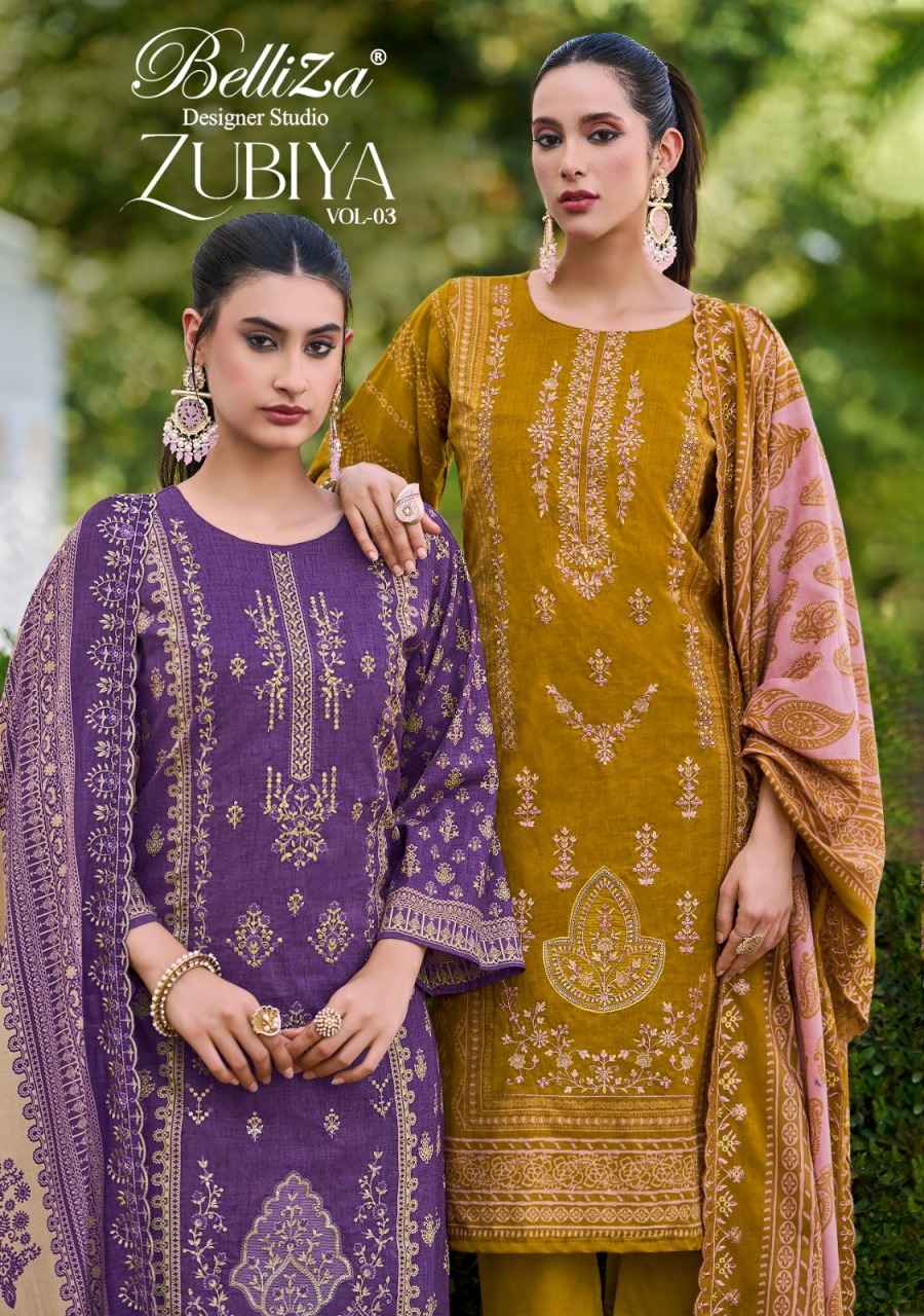BELLIZA ZUBIYA VOL 3 PURE COTTON WITH HEAVY EMBROIDERY DRESS MATERIAL AT WHOLESALE PRICE