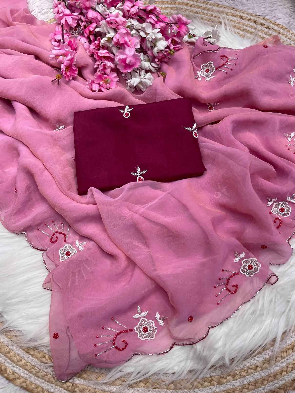 BOLLYWOOD TRENDY KHATLI CUT AND HANDWORK CHIFFON SAREE AT WHOLESALE PRICE