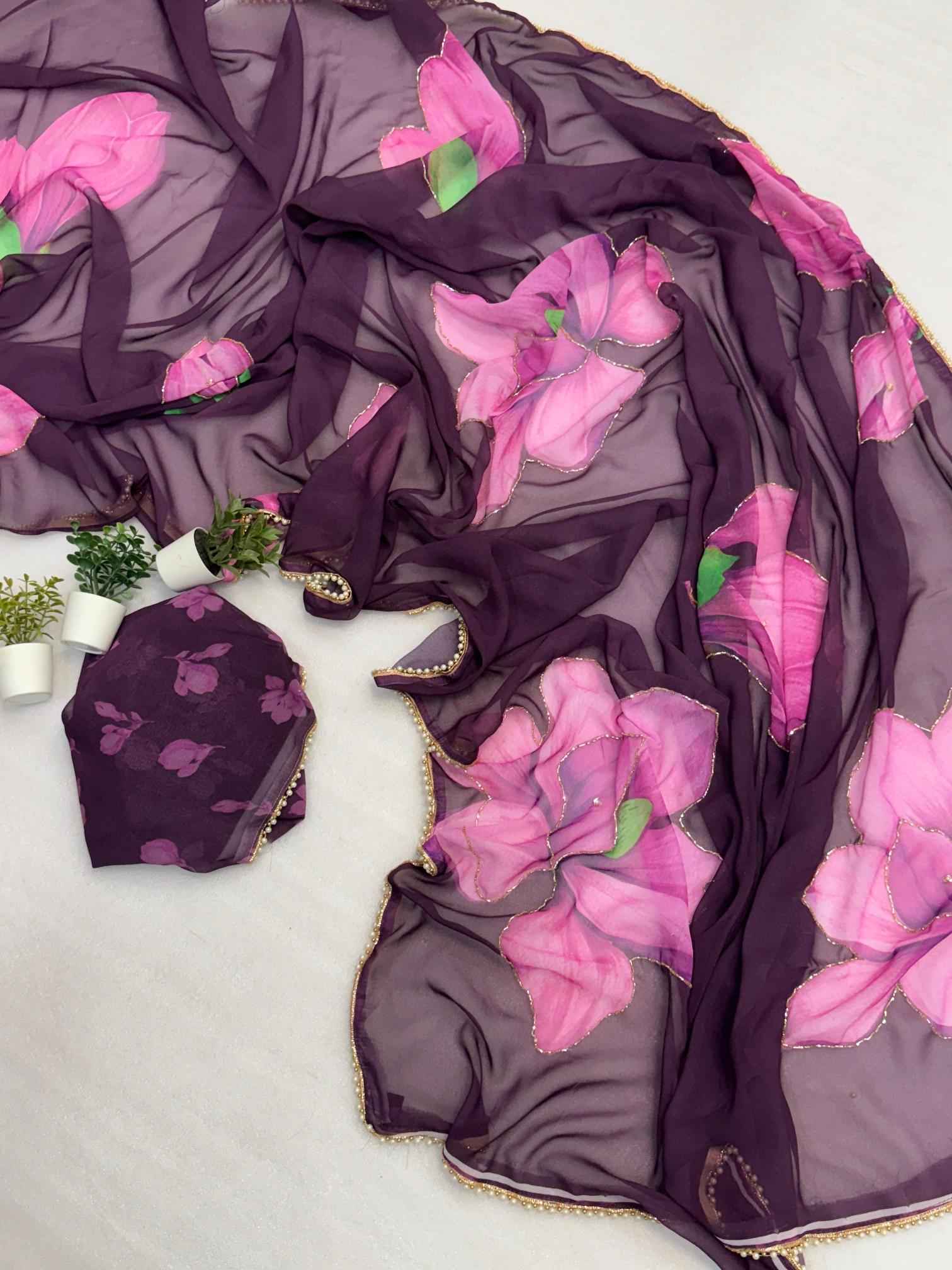 CHIFFON FLORAL DIGITAL PRINT AND HANDWORK SAREE AT WHOLESALE PRICE