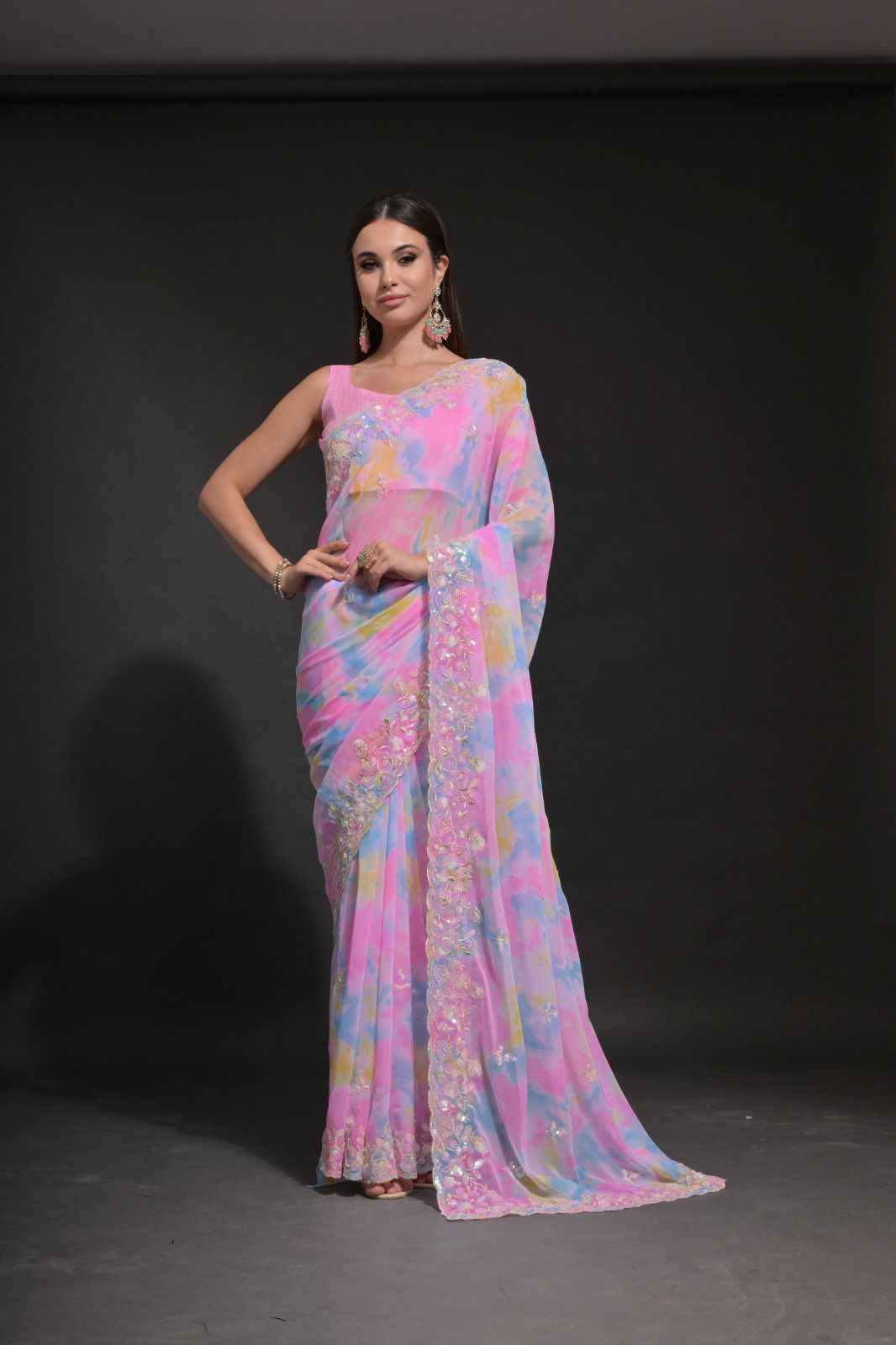 CHIFFON GEORGETTE PRIZAM PRINT WITH SEQUENCE EMBROIDERY SAREE AT WHOLESALE PRICE