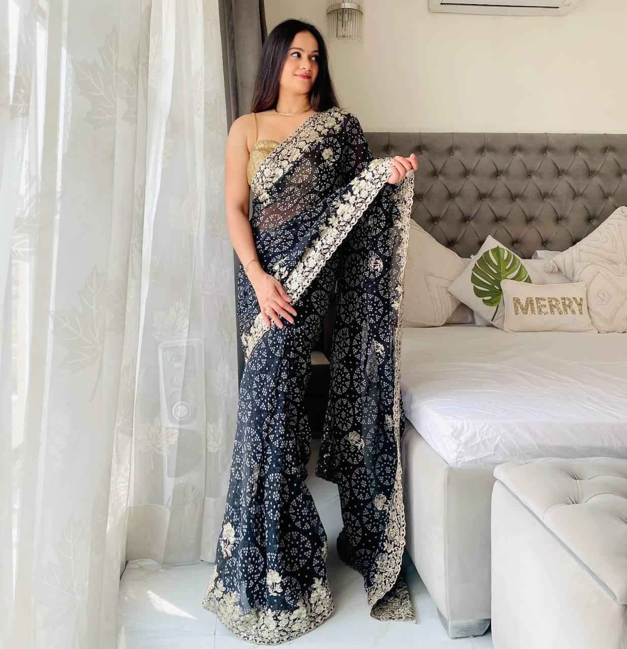 GEORGETTE BANDHEJ PRINT & SEQUINS EMBROIDERY SAREE AT WHOLESALE PRICE