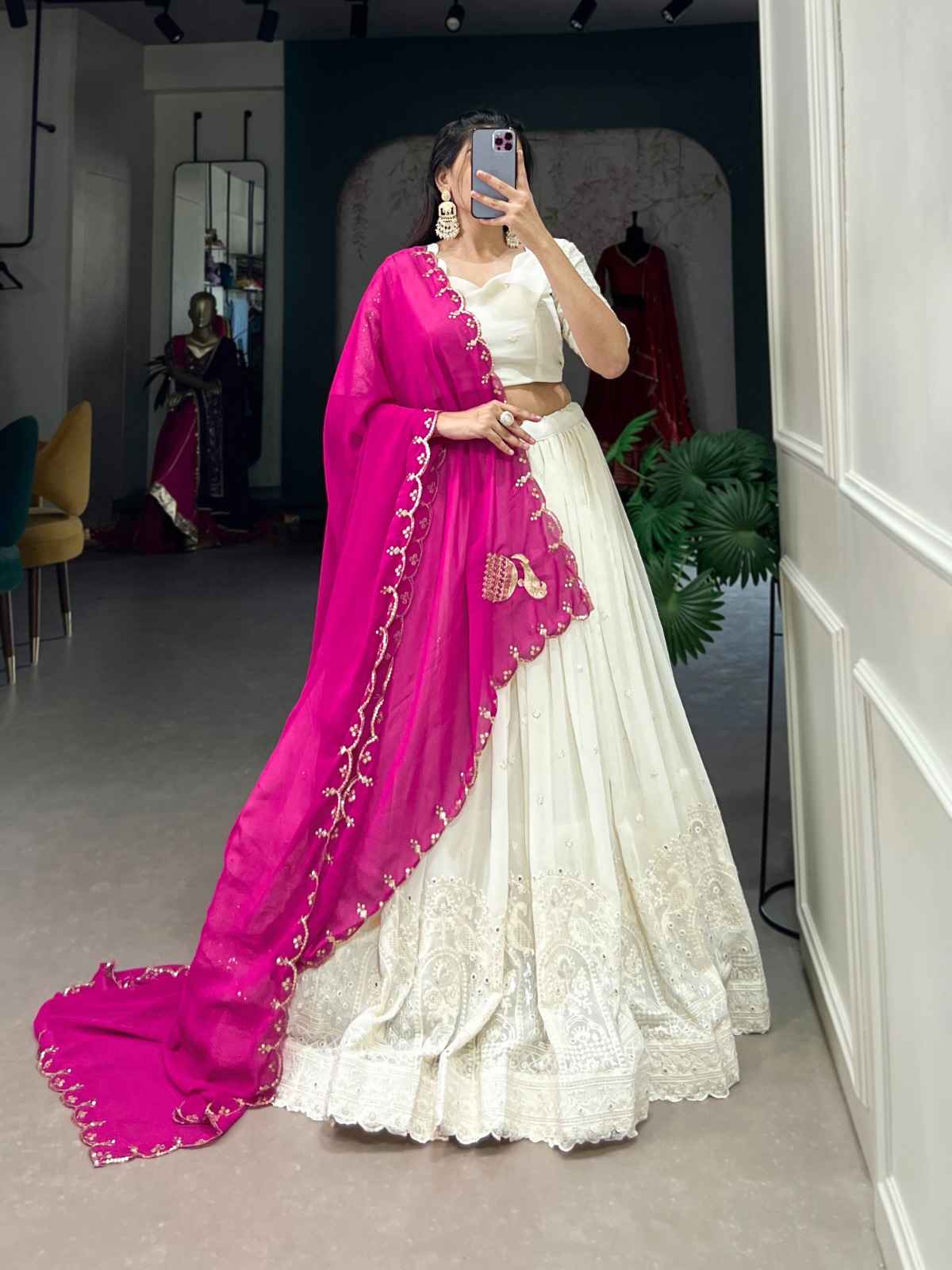 GEORGETTE LUCKNOWI PAPER MIRROR WORK LEHENGA CHOLI AT WHOLESALE PRICE