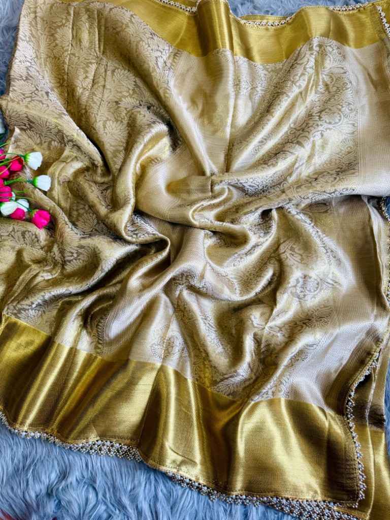 GOLDEN TISSUE SILK GHUNGROO AND PEARL BORDER SAREE AT WHOLESALE PRICE