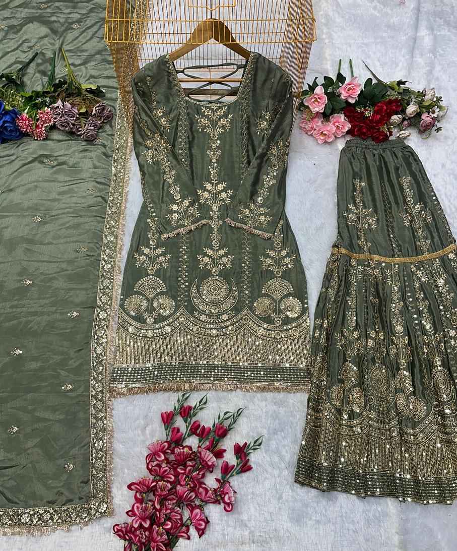HAVY CHINON SILK WITH HAVY EMBROIDERY TOP AND PLAZZO WITH DUPATTA AT WHOLESALE PRICE