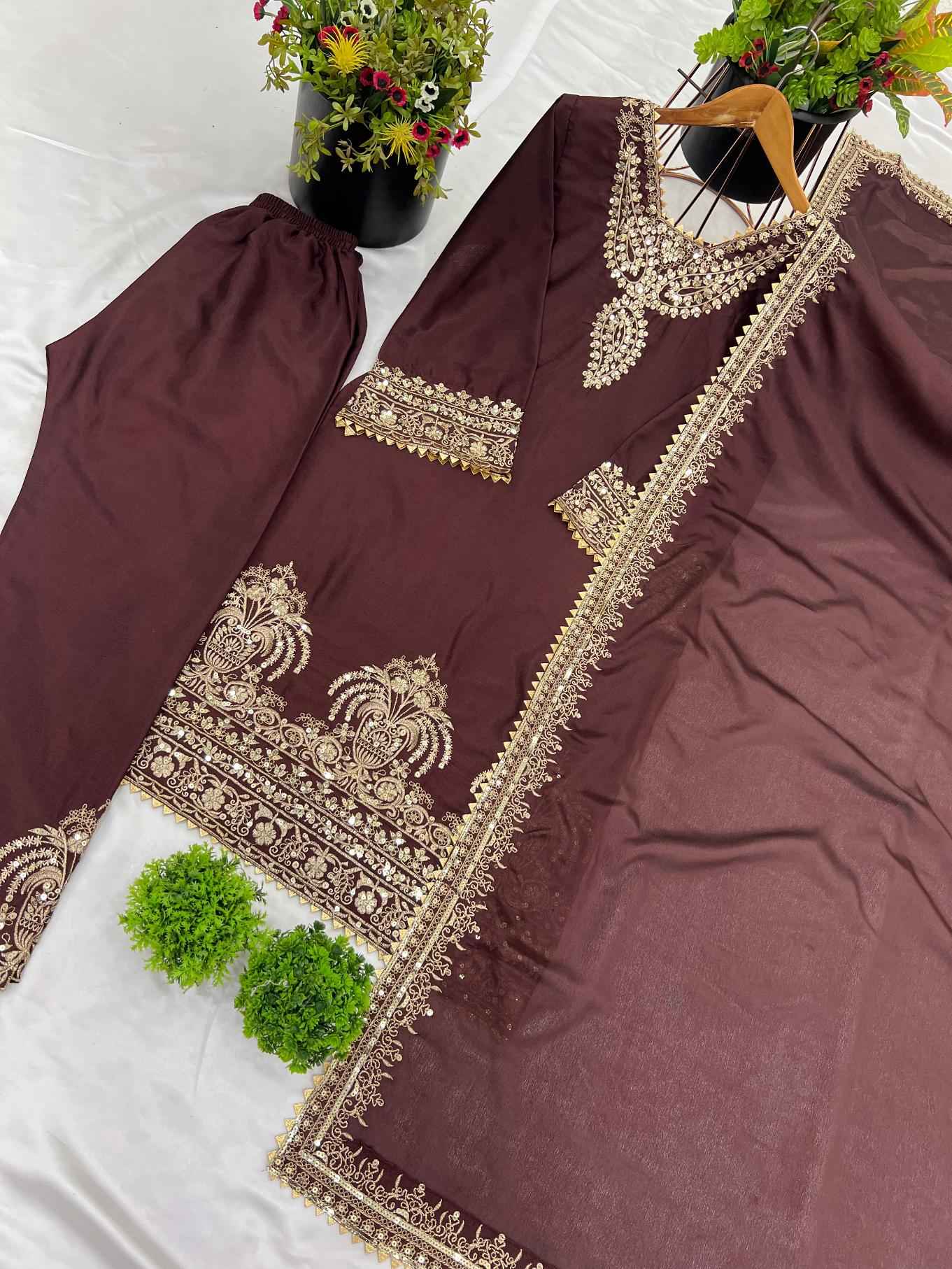 HEAVY CHINON SILK SEQUENCE EMBROIDERY TOP BOTTOM AND DUPATTA SET AT WHOLESALE PRICE