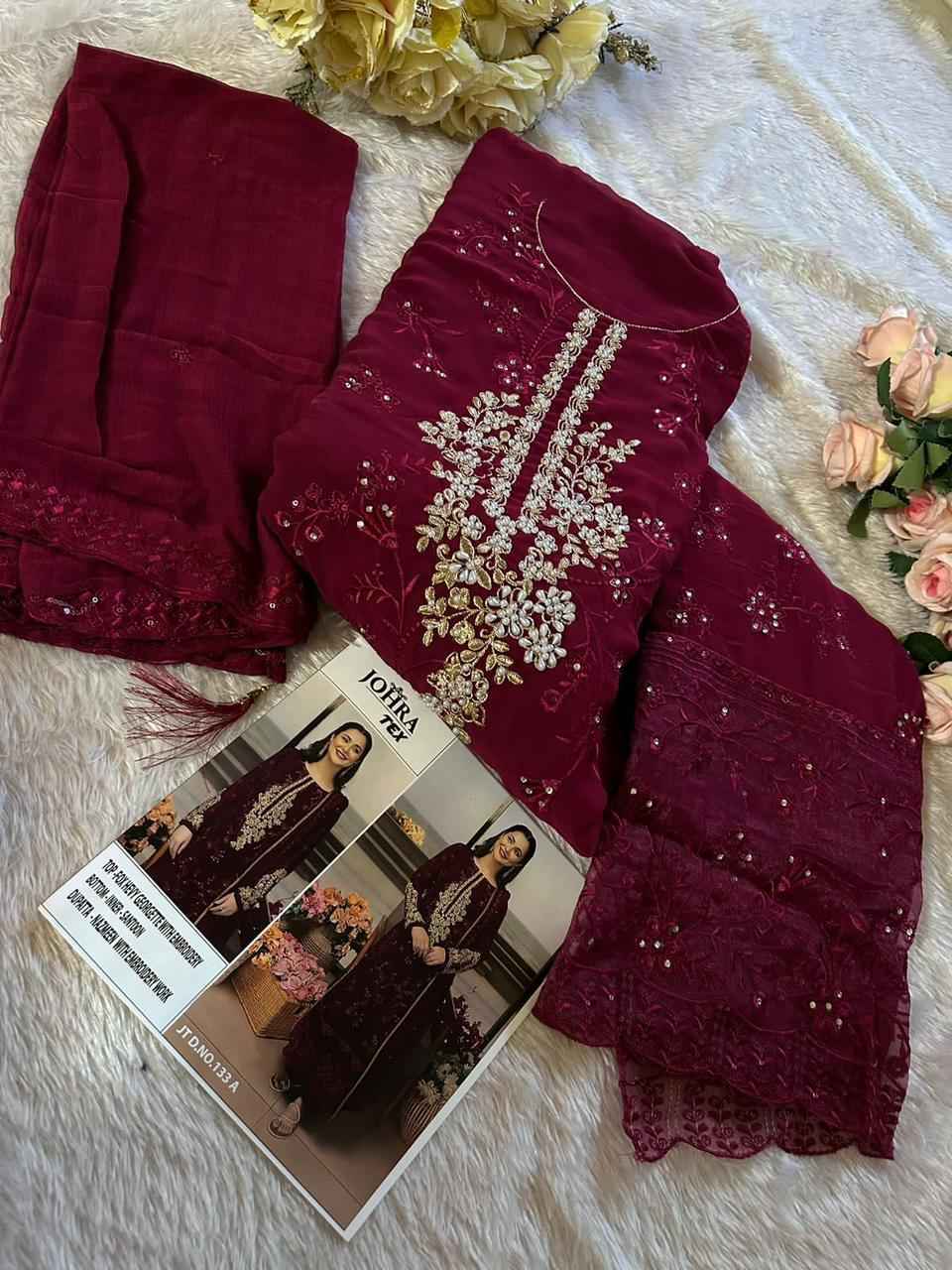 JOHRA TEX D NO 133 FOX GEORGETTE EMBROIDERED DRESS MATERIAL AT WHOLESALE PRICE
