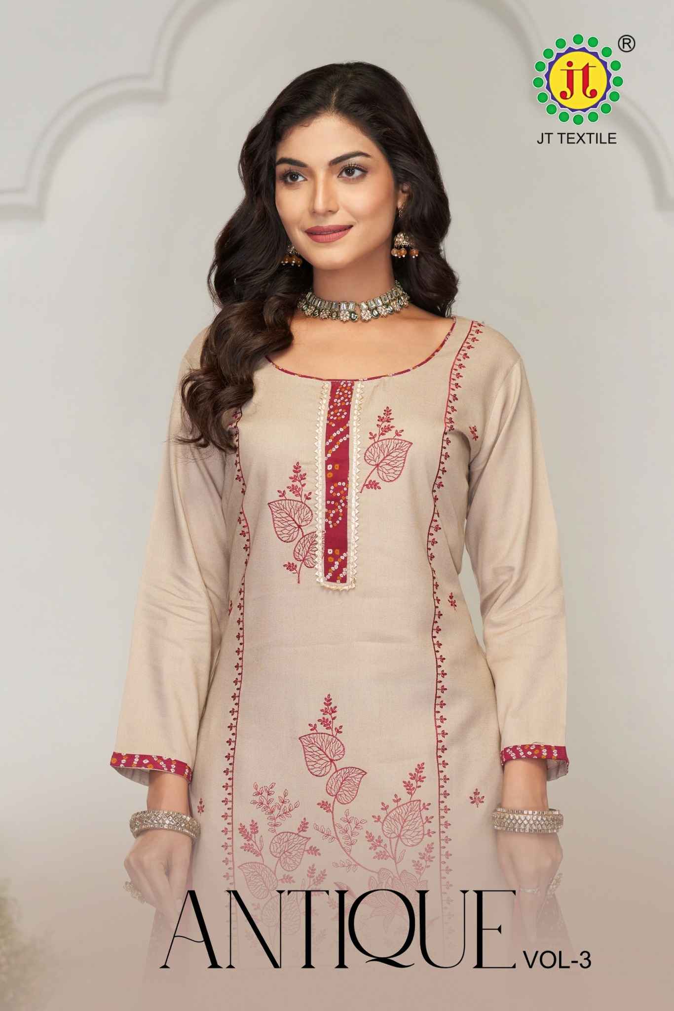 JT ANTIQUE VOL-3 RAYON WITH LACE AND EMBROIDERY WORK DRESS MATERIAL AT WHOLESALE PRICE