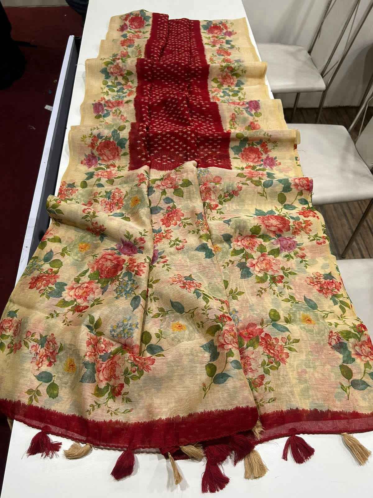 LINEN DIGITAL PRINT WITH FLORAL AND BANDHANI PRINTED SAREE AT WHOLESALE PRICE