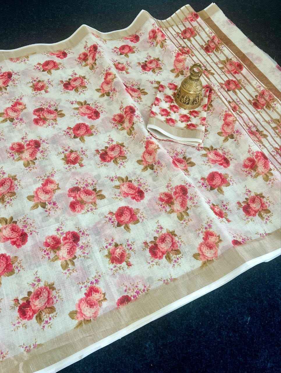 LINEN DIGITAL PRINT WITH GOLD JARI BORDER SAREE AT WHOLESALE PRICE
