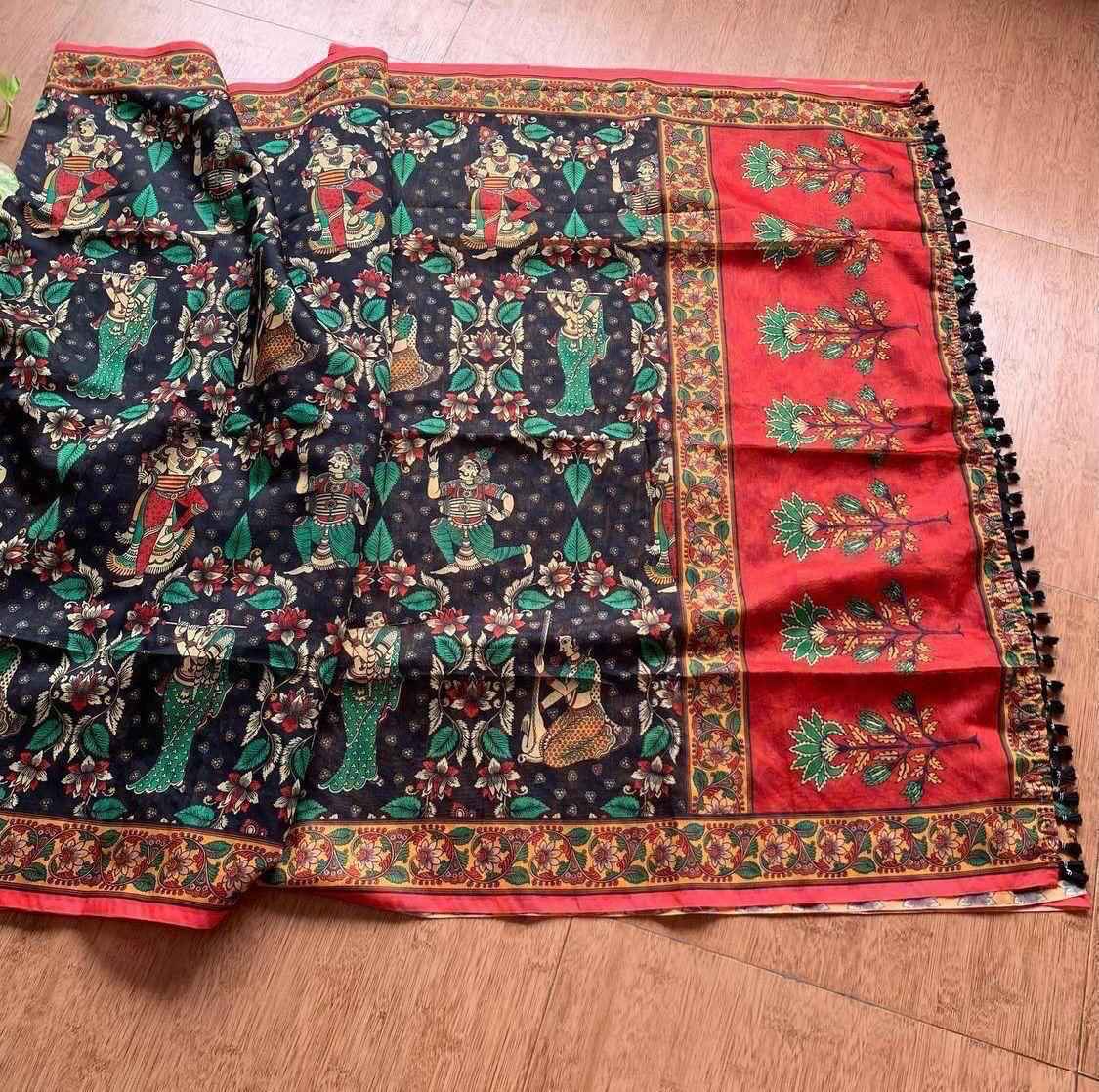LINEN DIGITAL PRINT WITH KALAMKARI PRINT PALLU SAREE AT WHOLESALE PRICE