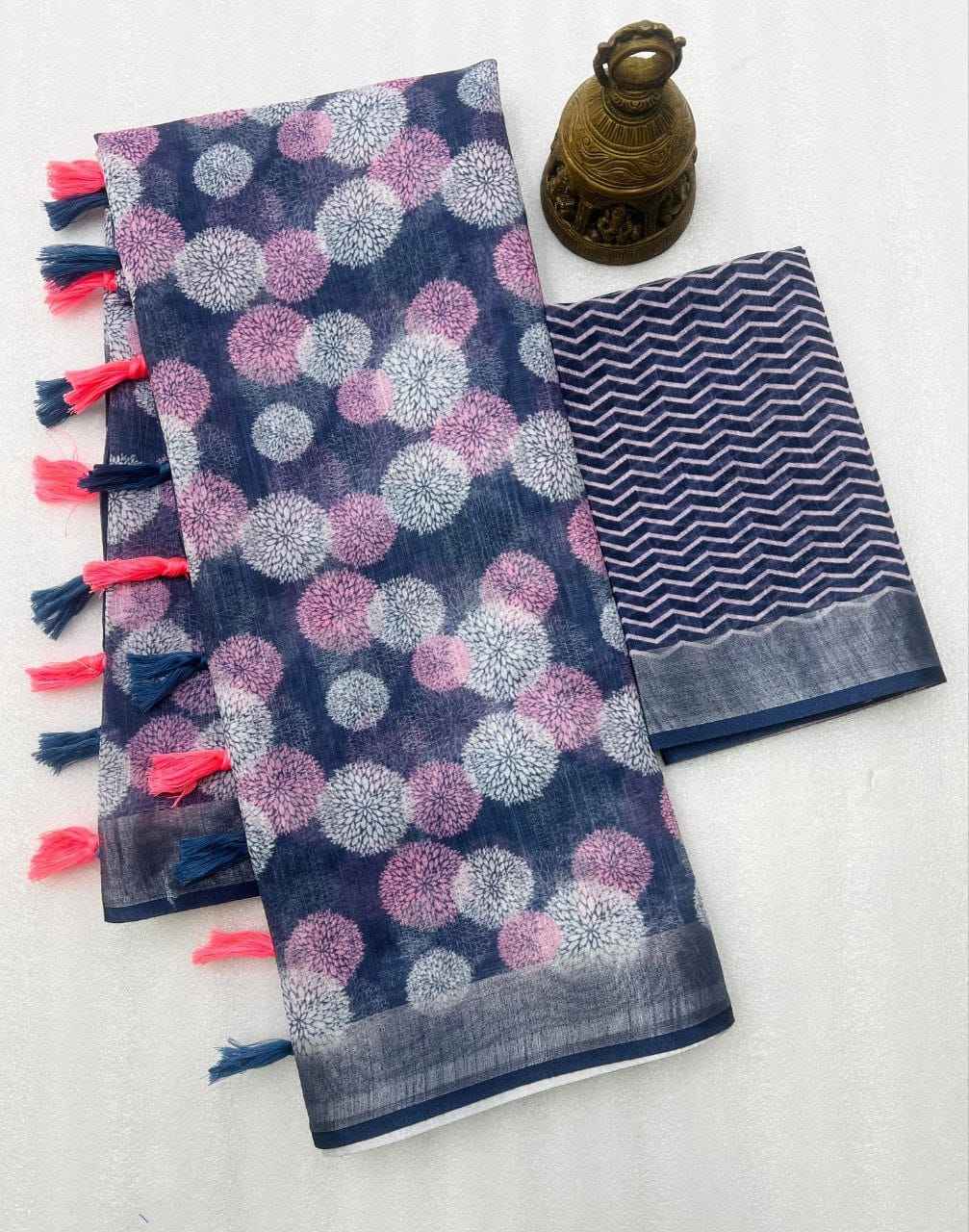 LINEN DIGITAL PRINTED WITH SILVER JARI BORDER SAREE AT WHOLESALE PRICE