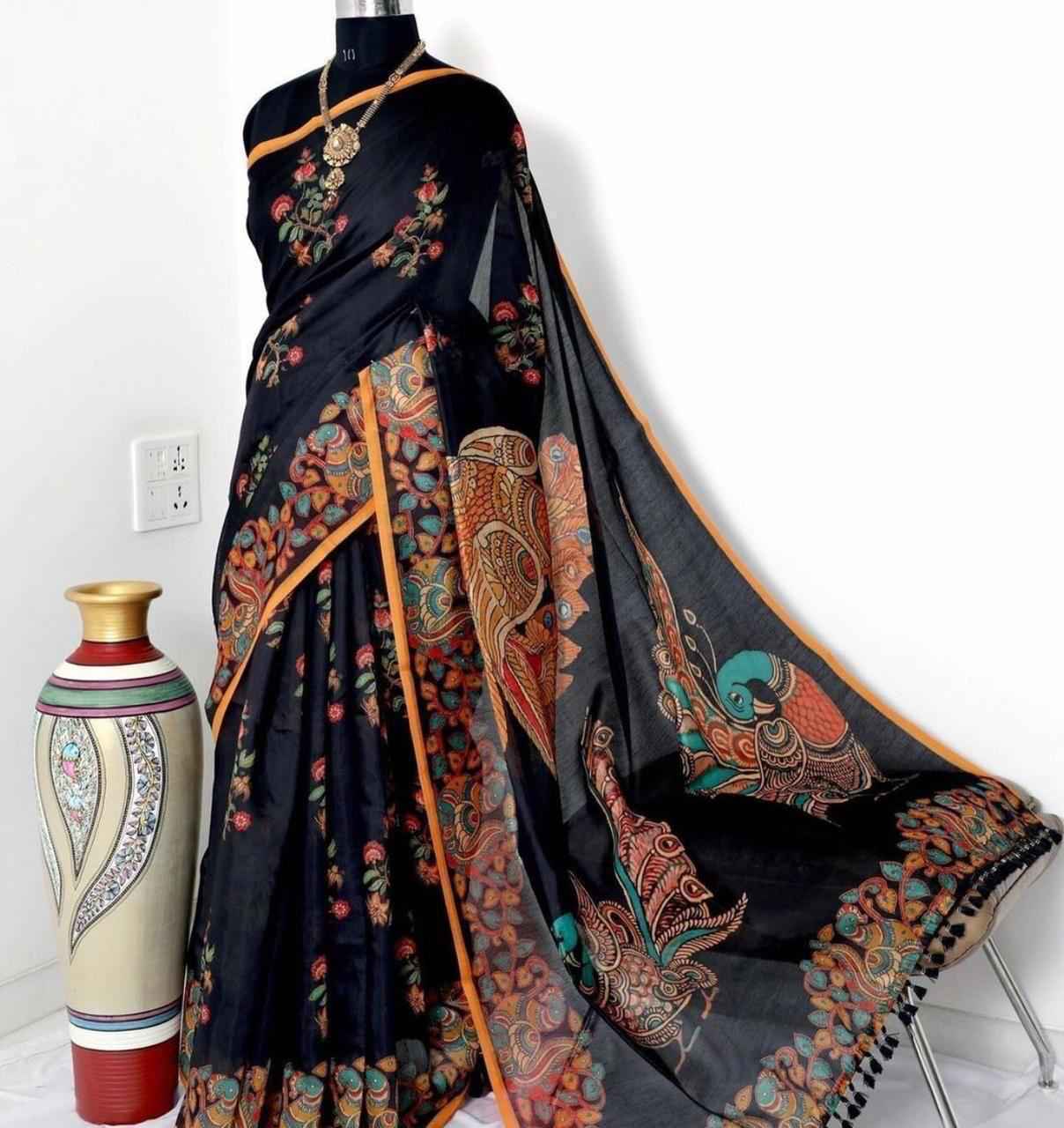 LINEN DIGITAL WITH KALAMKARI PRINTED SAREE AT WHOLESALE PRICE