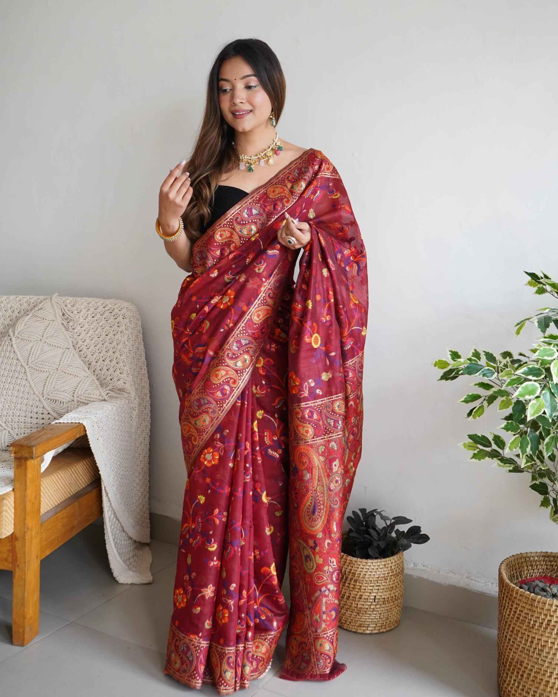 PASMINA KASHMIRI ZARI WEAVING WORK SAREE AT WHOLESALE PRICE