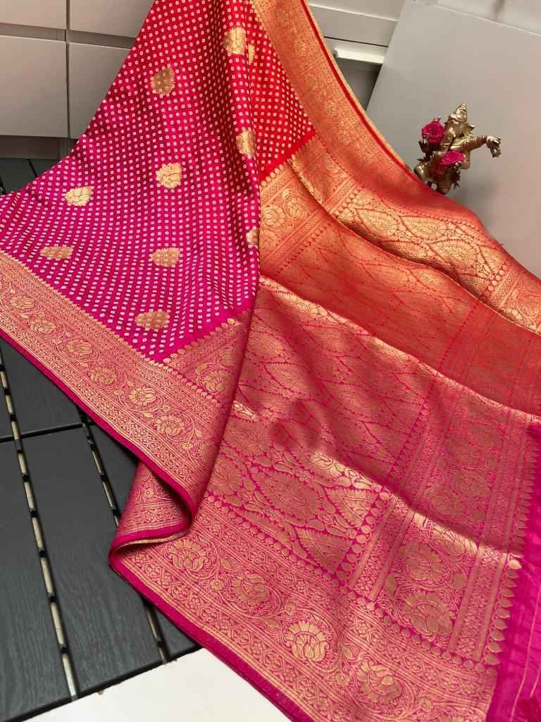 PREMIUM DOLA SOFT SILK BANDHEJ PATTERN WEAVED SAREE AT WHOLESALE PRICE