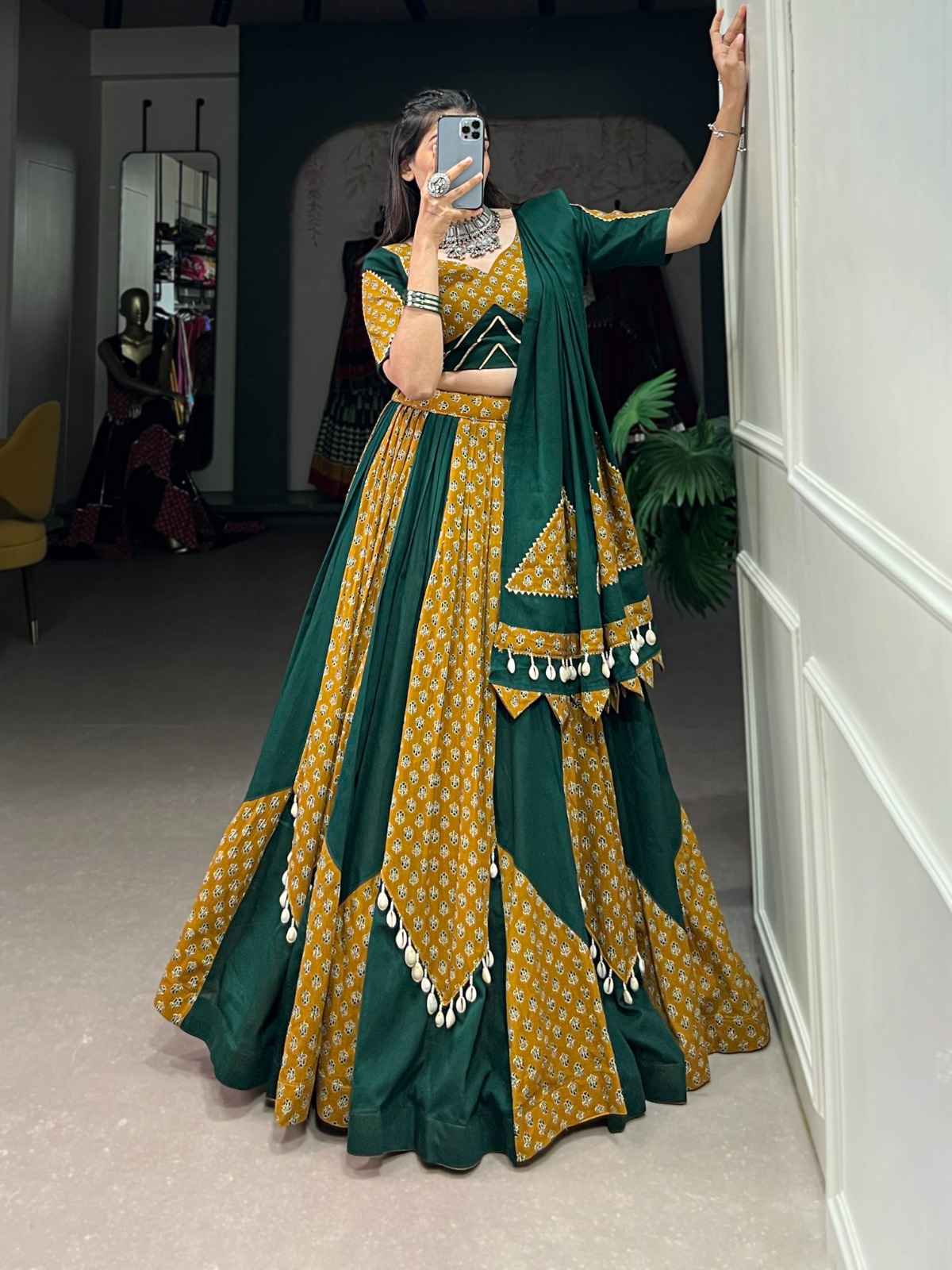 PURE COTTON PRINTED WITH COWRIE KODI LACE TOUCH UP LEHENGA CHOLI AT WHOLESALE PRICE