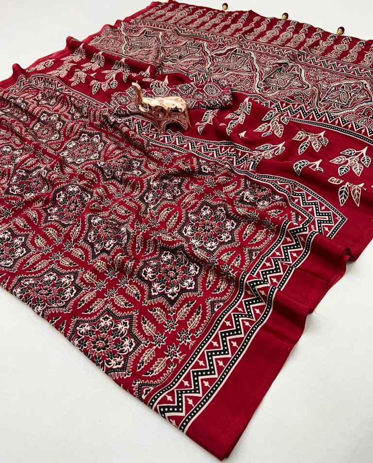 PURE CRAPE SATIN WITH AJRAK PRINTED RICH PALLU SAREE AT WHOLESALE PRICE