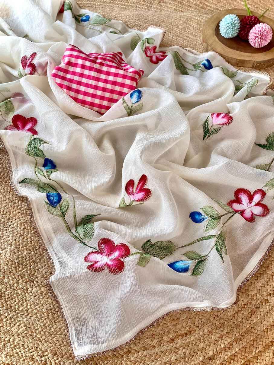 PURE CRUSH CHIFFON BRUSH PAINT FLOWER DESIGN SAREE AT WHOLESALE PRICE