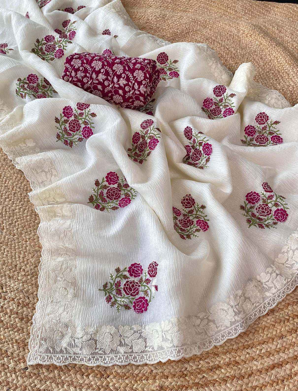 PURE CRUSH GEORGETTE CHIFFON FLORAL EMBROIDERY SAREE AT WHOLESALE PRICE