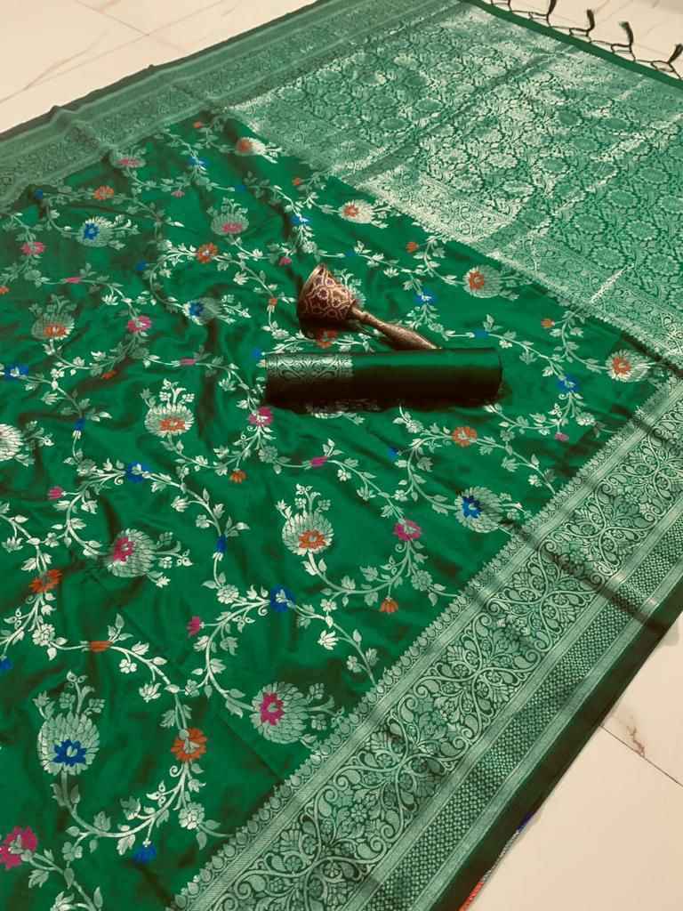 PURE SOFT SILK MINA AND SILVER ZARI WEAVING WORK SAREE AT WHOLESALE PRICE
