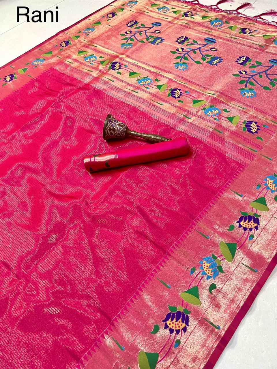 PURE SOFT ZARI KANCHIVRAM TISSUE PAITHANI FLOWER BODER SILK SAREE AT WHOLSALE PRICE