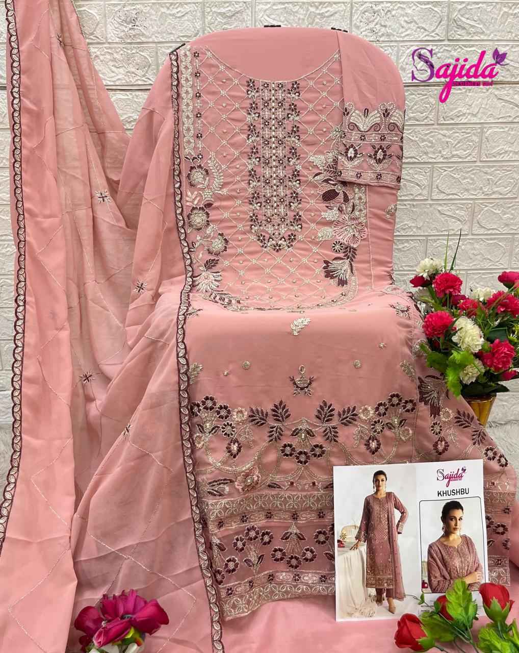 SAJIDA KHUSHBU GEORGETTE WITH HEAVY EMBROIDERY PAKISTANI SUIT AT WHOLESALE PRICE