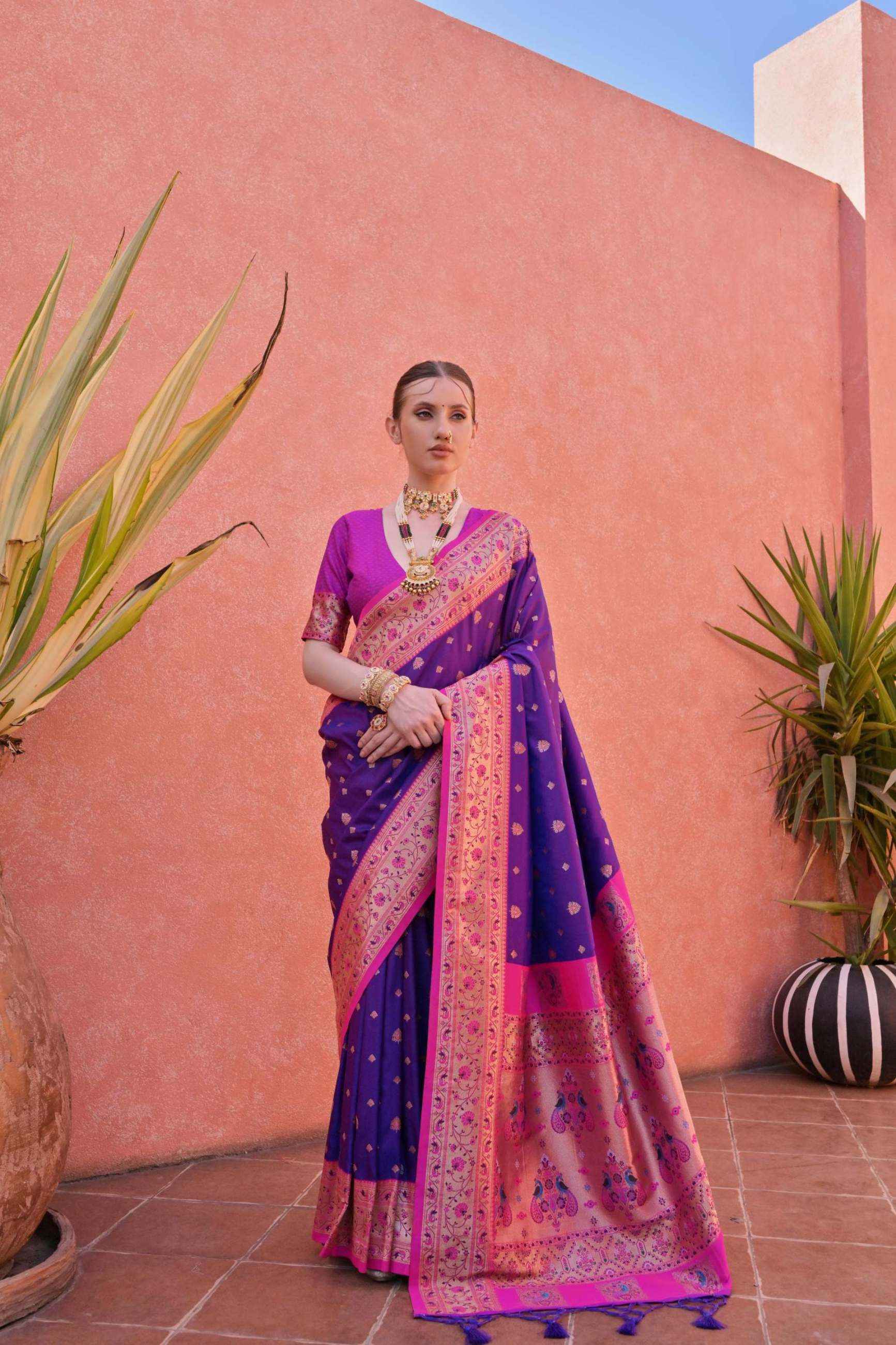 SOFT BANARASI SILK PAITHANI WEAVING BORDER AND ZARI WOVEN SAREE AT WHOLESALE PRICE