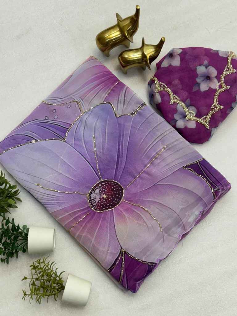 SOFT CHIFFON FLORAL DIGITAL PRINT HANDWORK SAREE AT WHOLESALE PRICE