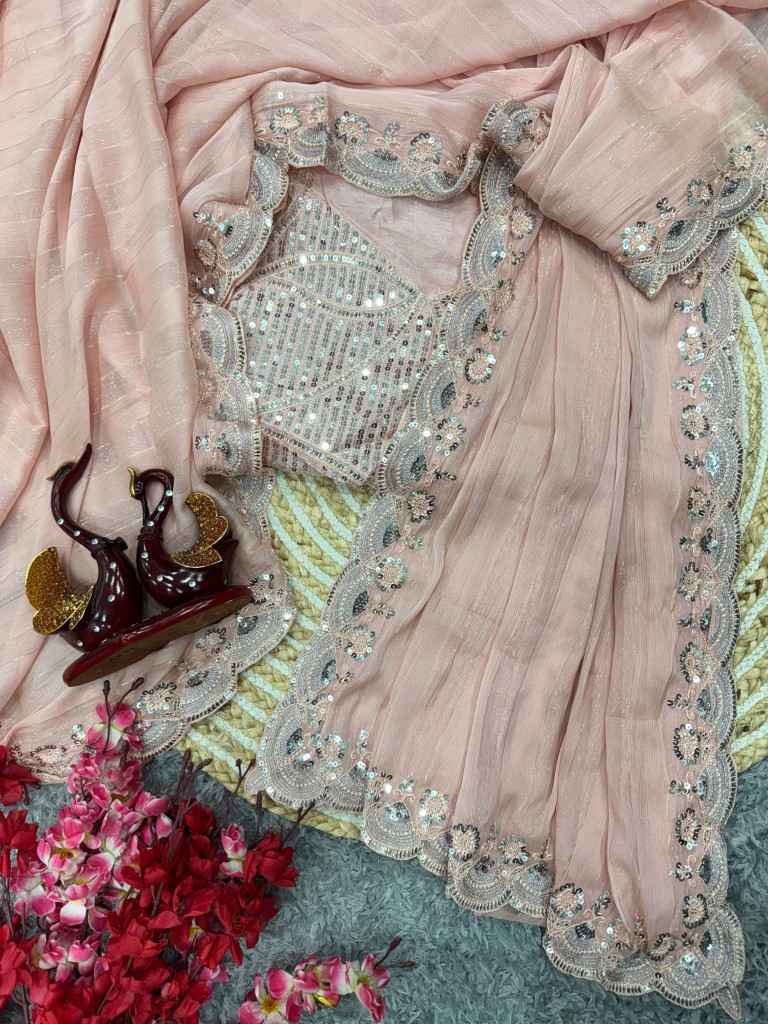 SOFT CHIFFON WITH WEAVING ZARI LINE EMBROIDERY WORK SAREE AT WHOLESALE PRICE