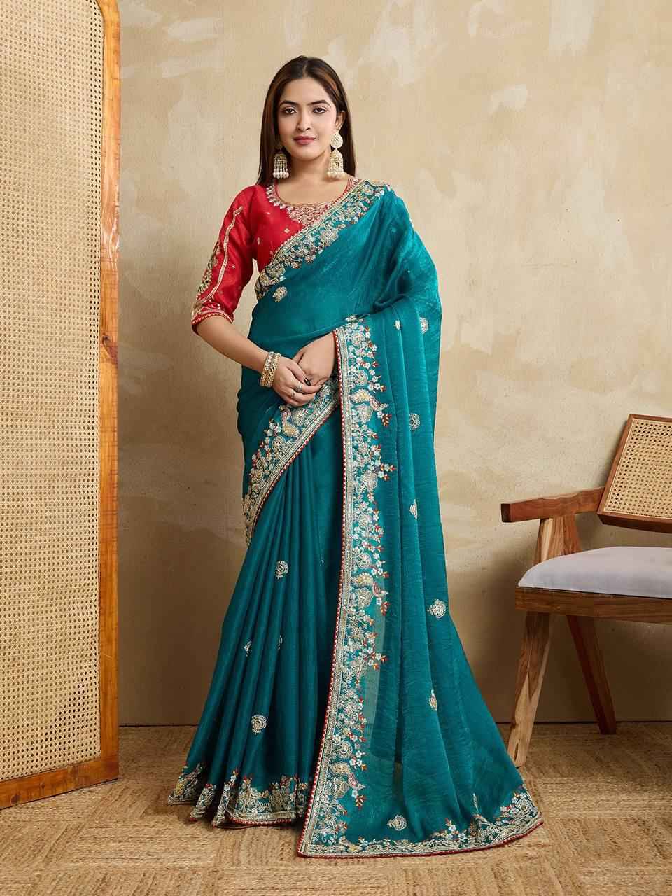 SOFT FENDY CHIFFON SILK EMBROIDERY WITH PIPING BORDER SAREE AT WHOLESALE PRICE