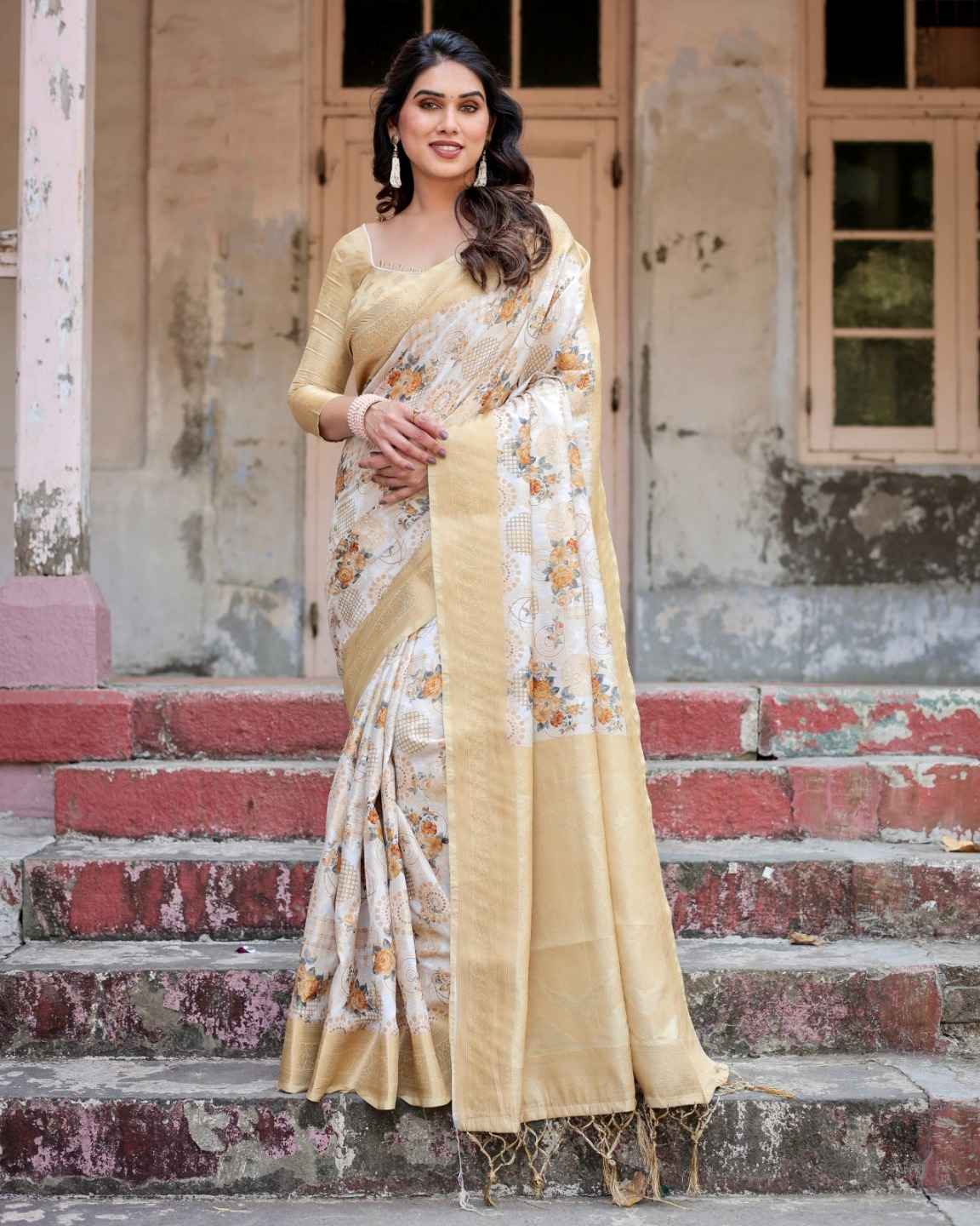 SOFT GOLDEN YELLOW BANARASI SILK WITH DIGITAL PRINTED SAREE AT WHOLESALE PRICE