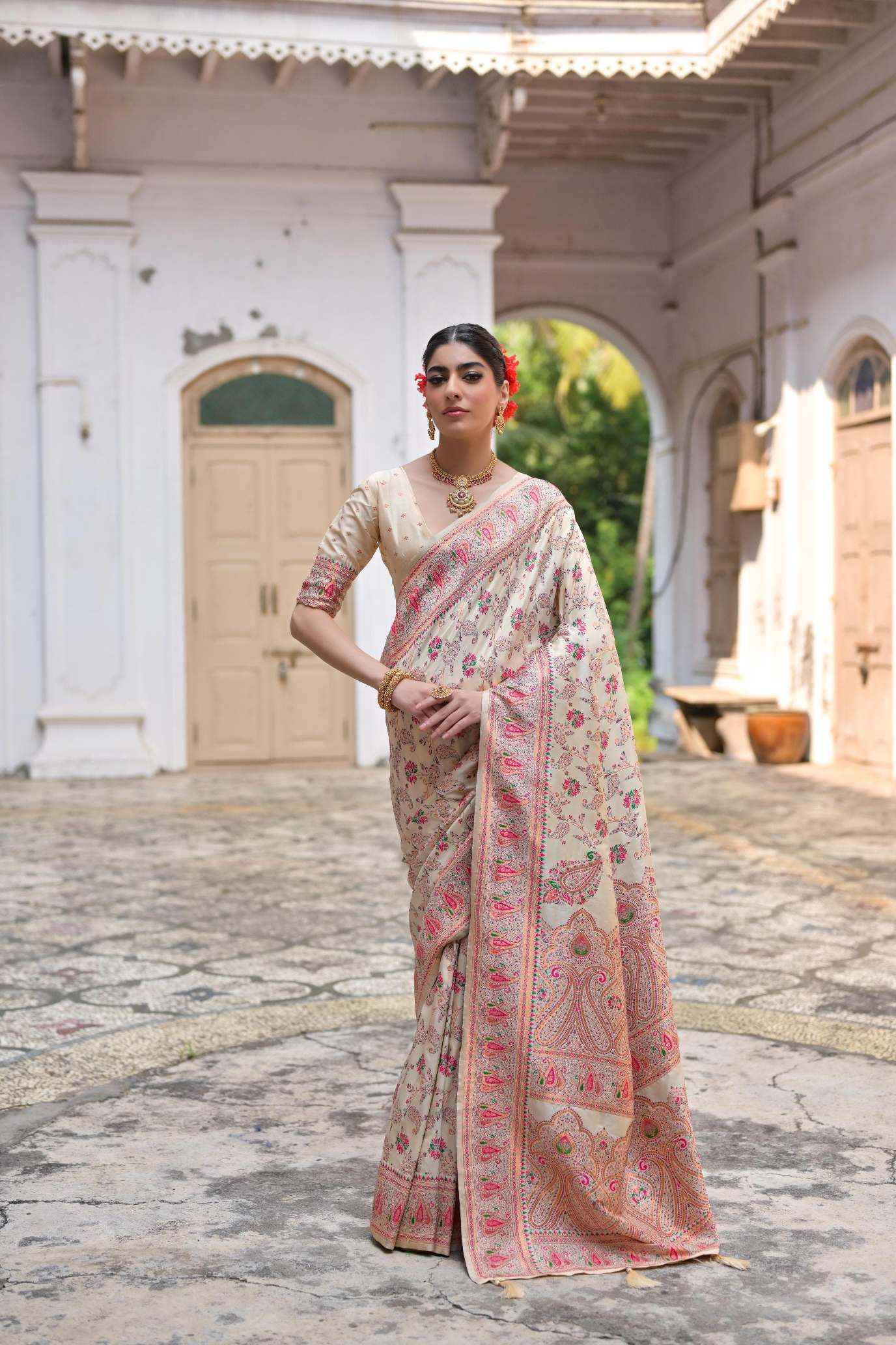 SOFT PASHMINA SILK KASHMIRI COLOURFULL JAL WEAVING SAREE AT WHOLESALE PRICE