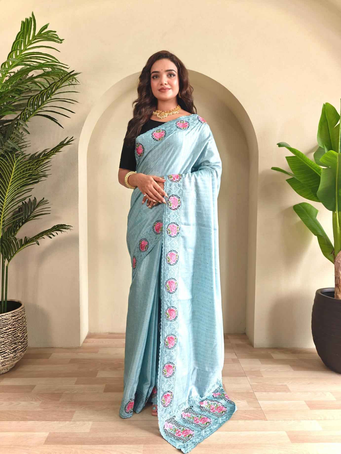 SOFT TUSSAR SILK EMBROIDERED WITH CUTWORK SAREE AT WHOLESALE PRICE