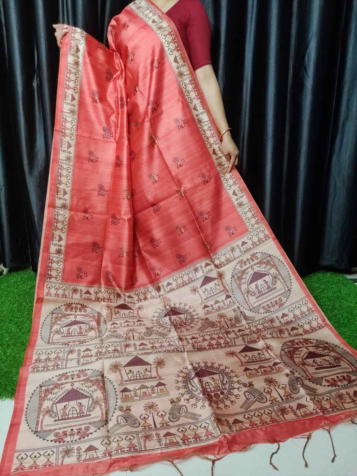 SOFT TUSSAR SILK MADHUBANI WITH TRADITIONAL PRINTED PALLU SAREE AT WHOLESALE PRICE