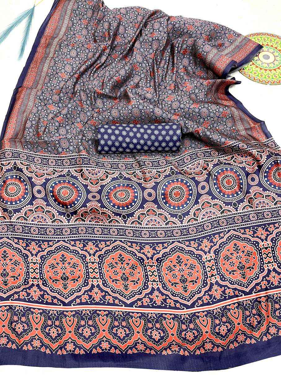 TRADITIONAL SOFT AJRAKH PRINTED SILK SAREE AT WHOLESALE PRICE