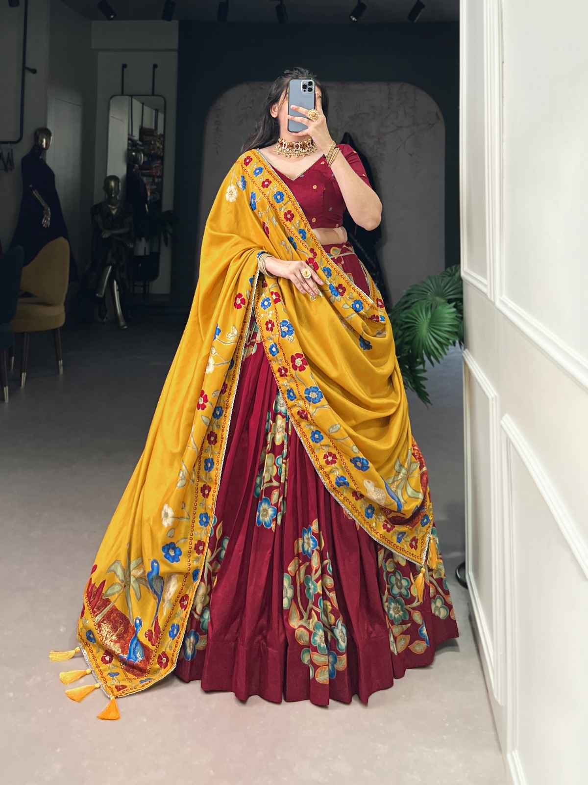 TUSSAR SILK FLORAL PRINT WITH FOIL PRINTED LEHENGA CHOLI WITH DUPATTA1 AT WHOLESALE PRICE