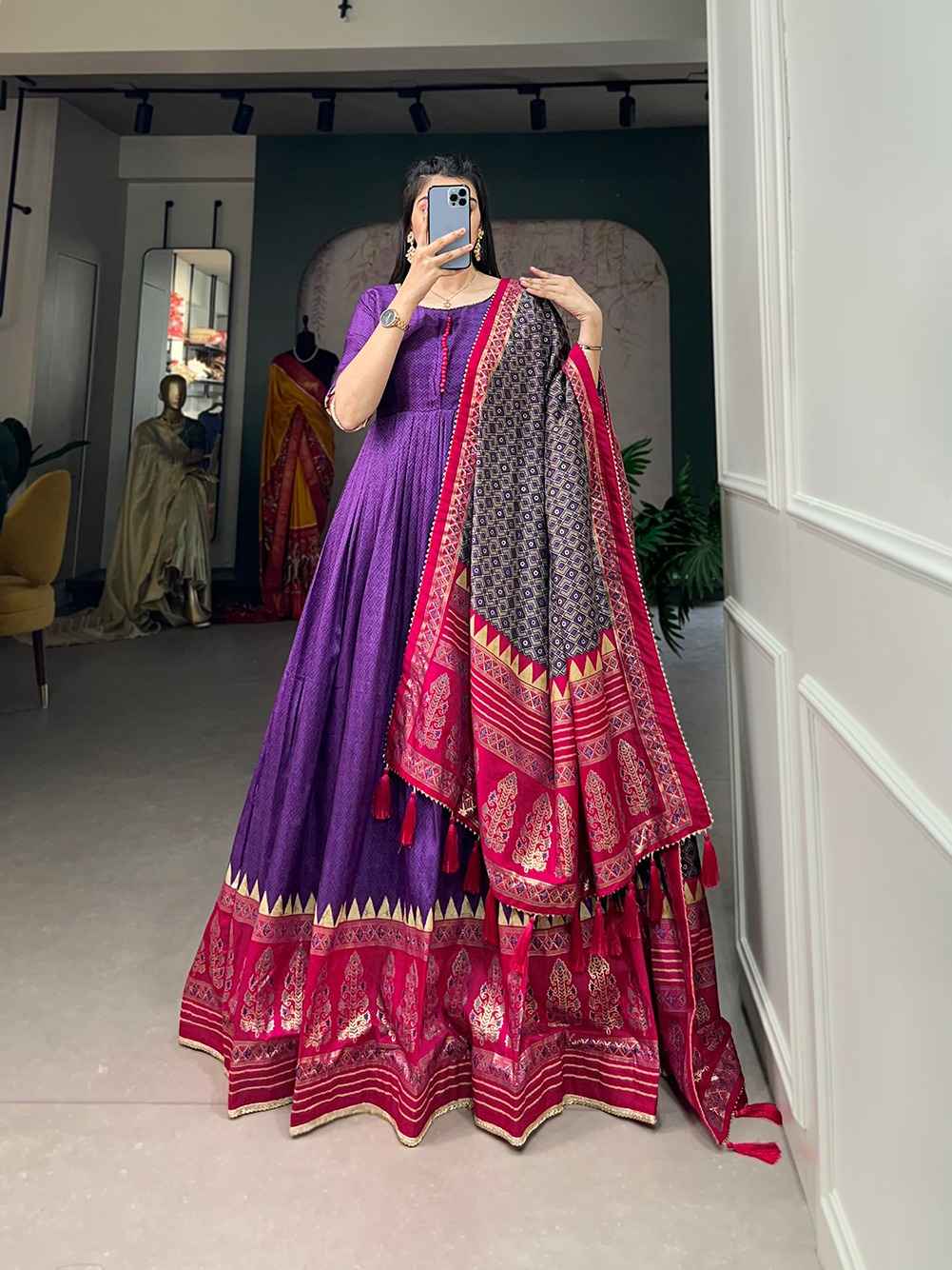 TUSSAR SILK PRINT WITH FOIL PRINT READY TO WEAR GOWN AT WHOLESALE PRICE
