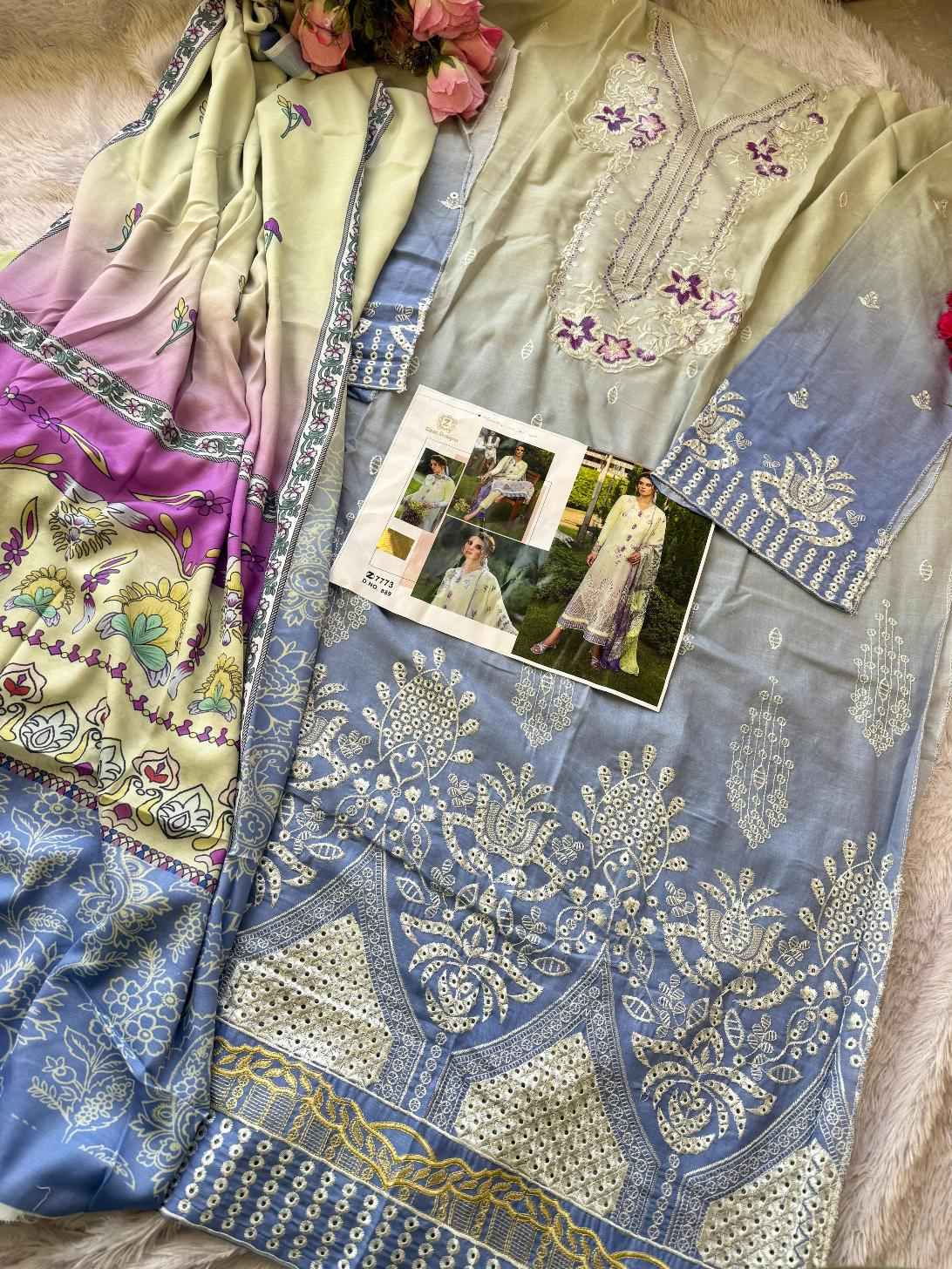 ZIAAZ DESIGNS CAMBRIC COTTON CHIKENKARI SHADED DRESS MATERIAL AT WHOLESALE PRICE