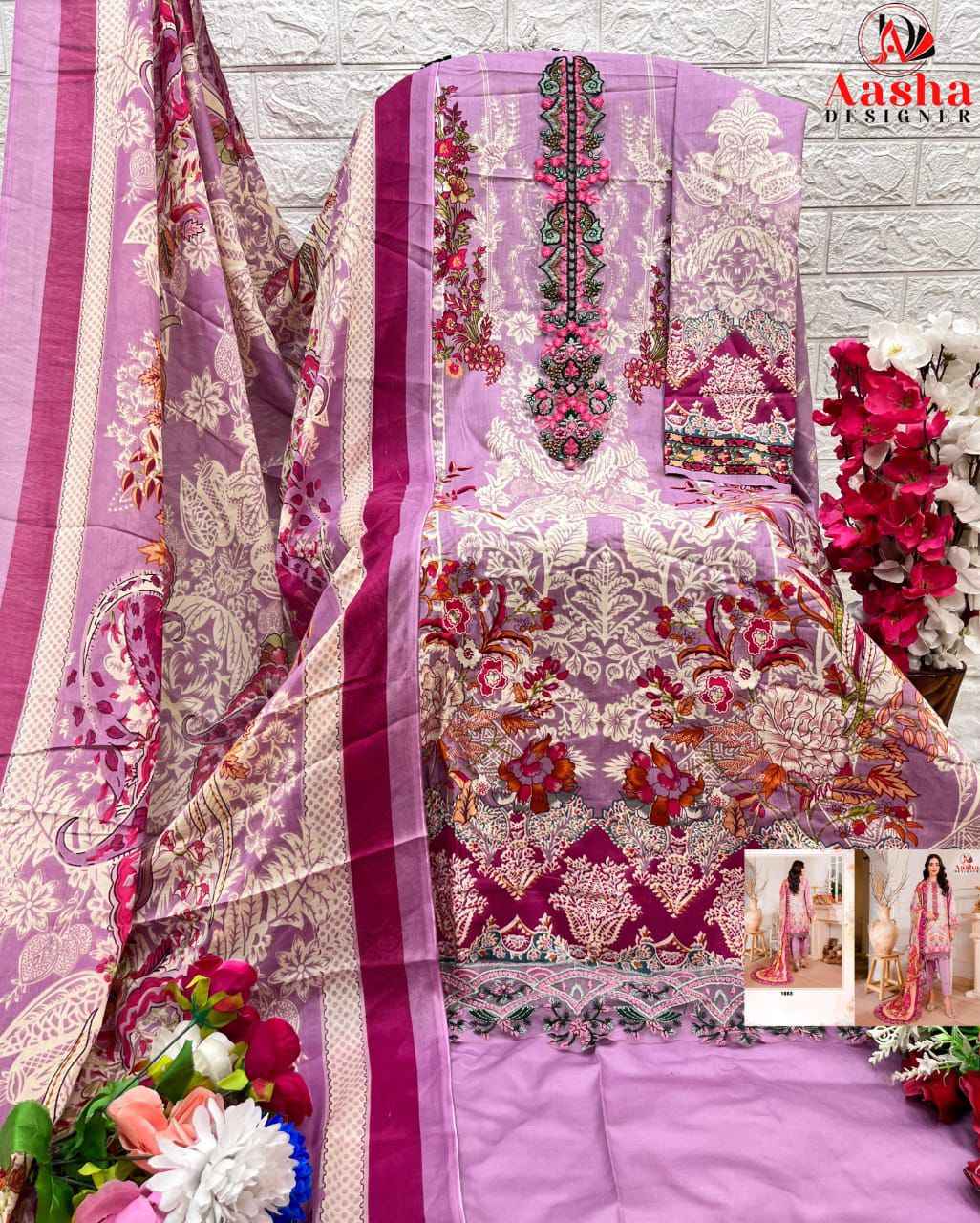 AASHA D NO 1088 PURE COTTON PRINTED WITH EMBROIDRY DRESS MATERIAL AT WHOLESALE PRICE