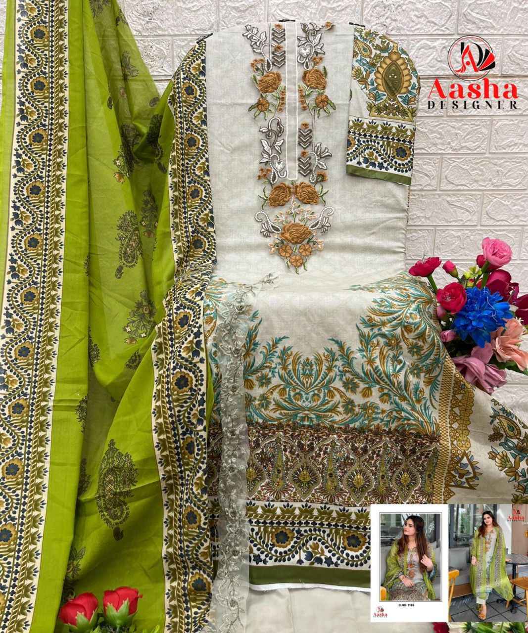 AASHA D NO 1169 PURE COTTON PRINT EMBROIDERY DRESS MATERIAL AT WHOLESALE PRICE