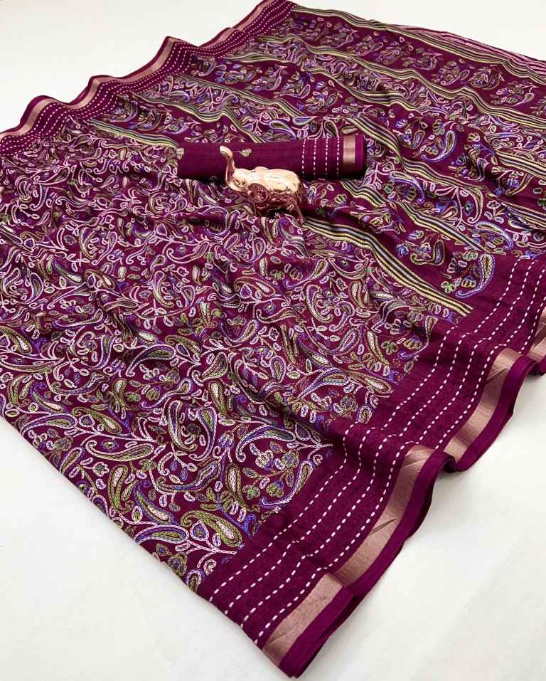 COTTON CRAPE 3D STYLE PRINT KATHA WORK WITH ZARI BORDER SAREE AT WHOLESALE PRICE