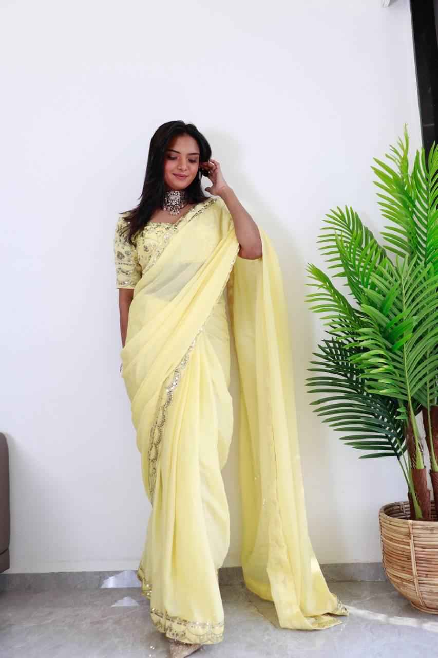 CHIFFON EMBROIDERY WORK WITH SEQUINS WORK LACE BORDER SAREE AT WHOLESALE PRICE