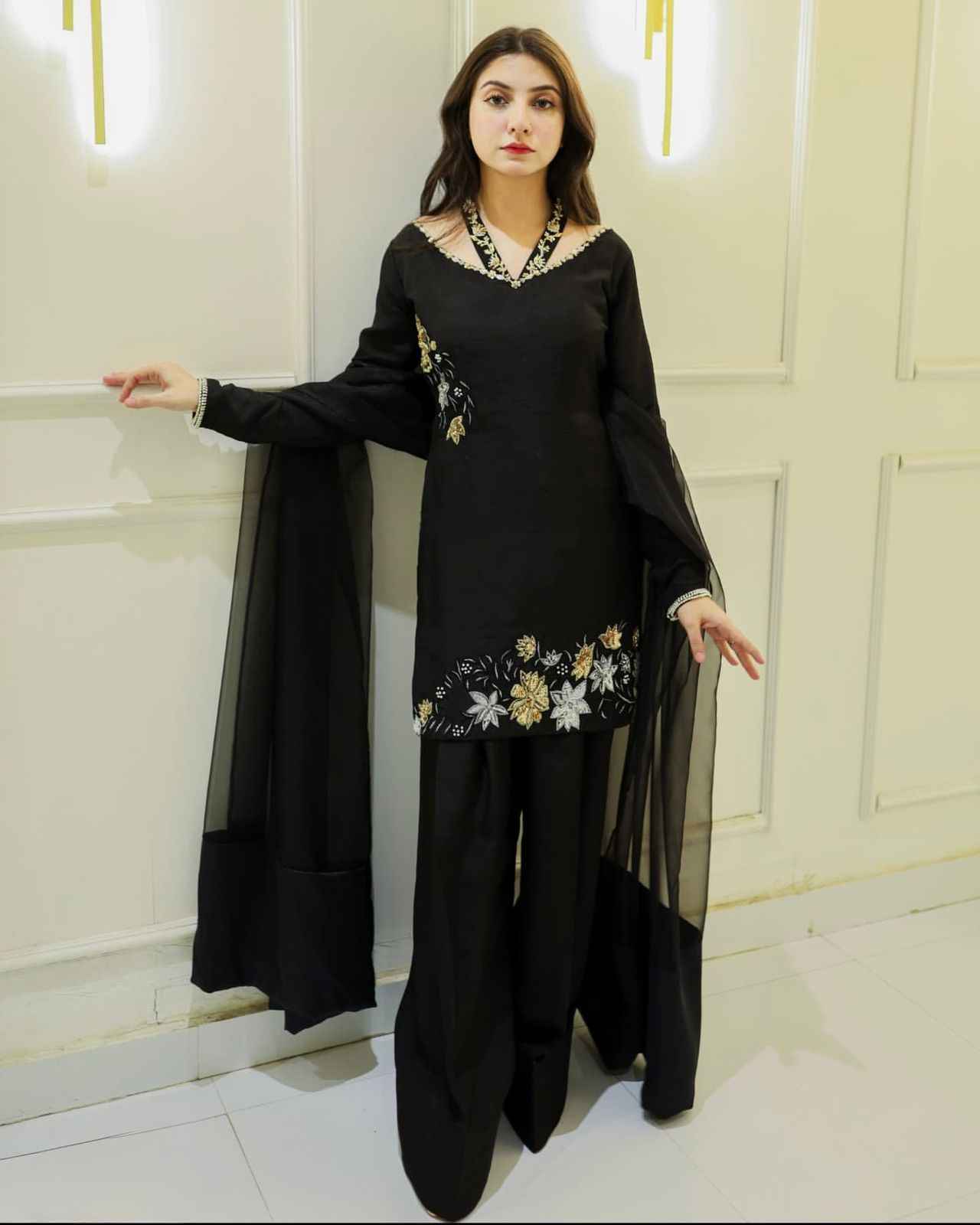 CREP SILK WITH EMBRODARY SIQUANCE WORK TOP BOTTOM AND DUPATTA SET AT WHOLESALE PRICE