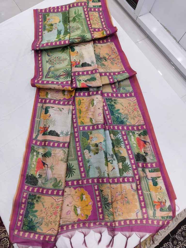 DHANWARI SILK WITH PICHWAI PRINTS ZARI BORDER SAREE AT WHOLESALE PRICE