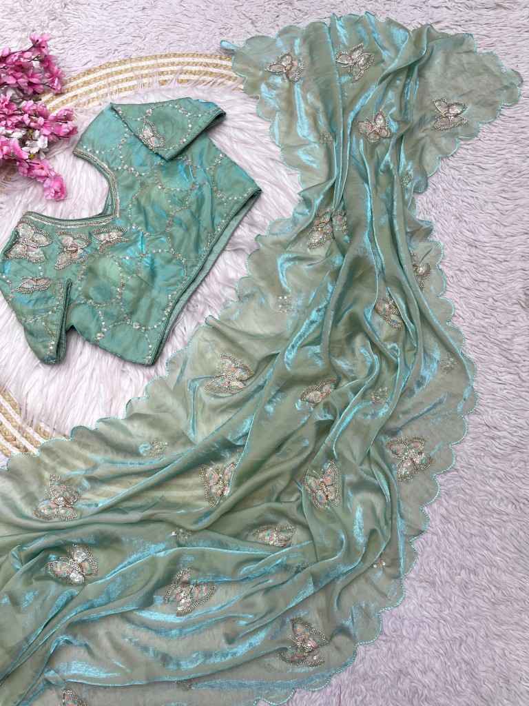FANDY SATTIN KHATLI WORK AND BRITS WORK SAREE WITH STICH BLOUSE AT WHOLESALE PRICE