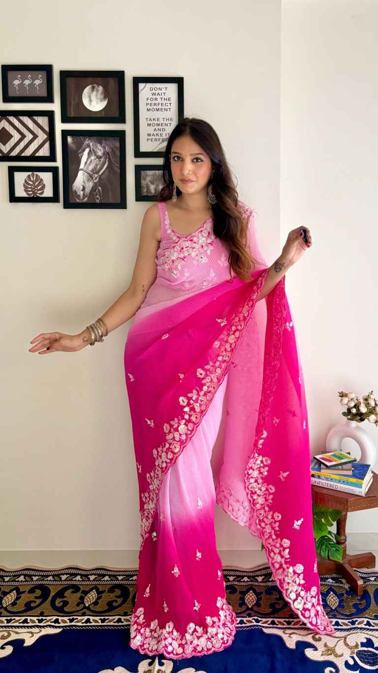 FAUX GEORGETTE CRUSH PATTERN SEQWANCE  WORK SAREE AT WHOLESALE PRICE