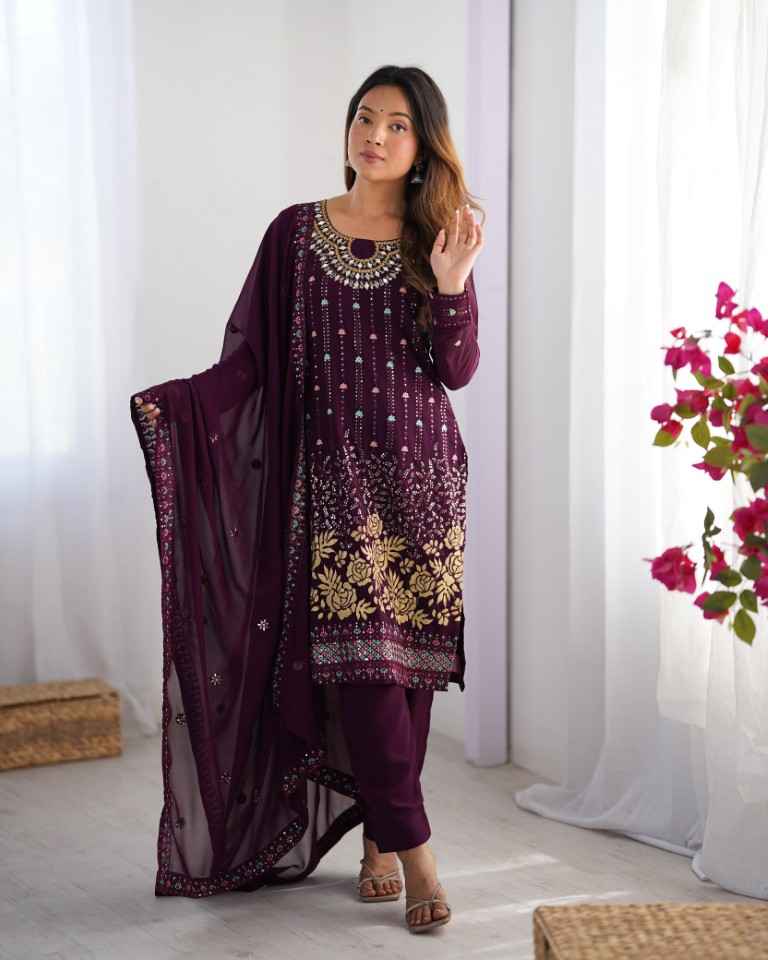 FAUX GEORGETTE THRED & SEQUNCE WORK KURTI PANT WITH DUPATTA AT WHOLESALE PRICE