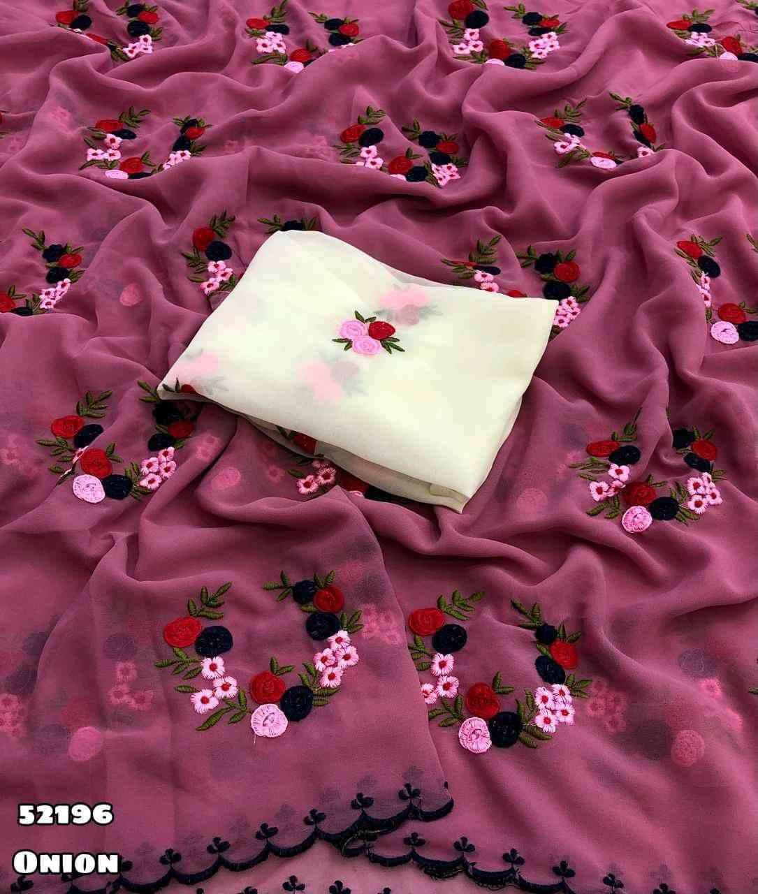 GEORGETTE EMBROIDERY WORK BUTTA WITH SCALLOPED BORDER SAREE AT WHOLESALE PRICE