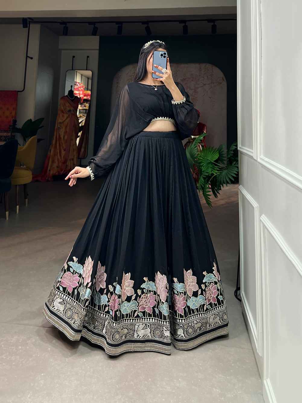 GEORGETTE SEQUINS AND THREAD EMBROIDERY WORK LEHENGA CHOLI AT WHOLESALE PRICE