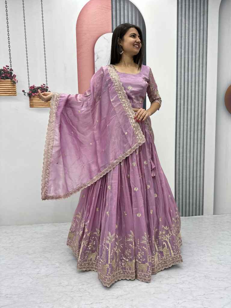 GOLD CRUSH EMBROIDERY THREAD & SEQUENCE WORK LEHENGA CHOLI AT WHOLESALE PRICE